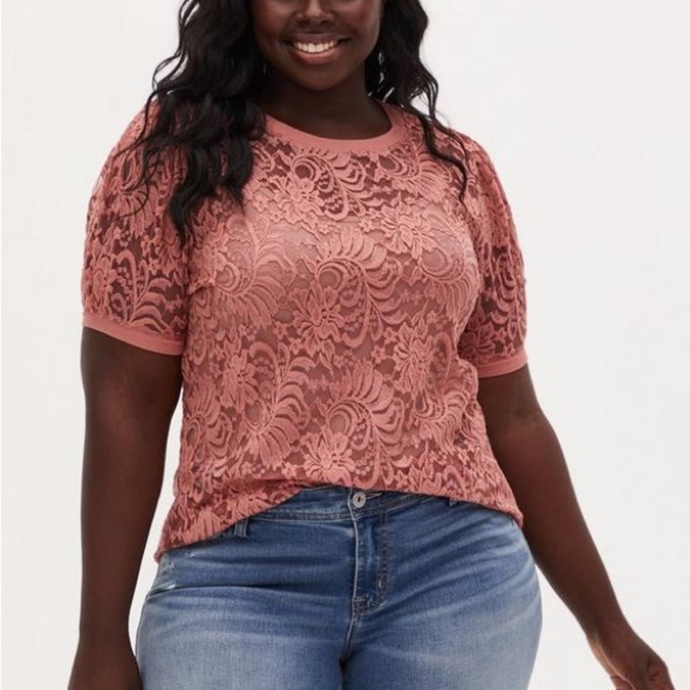 Dusty Coral Sheer Lace Puff Sleeve Tee